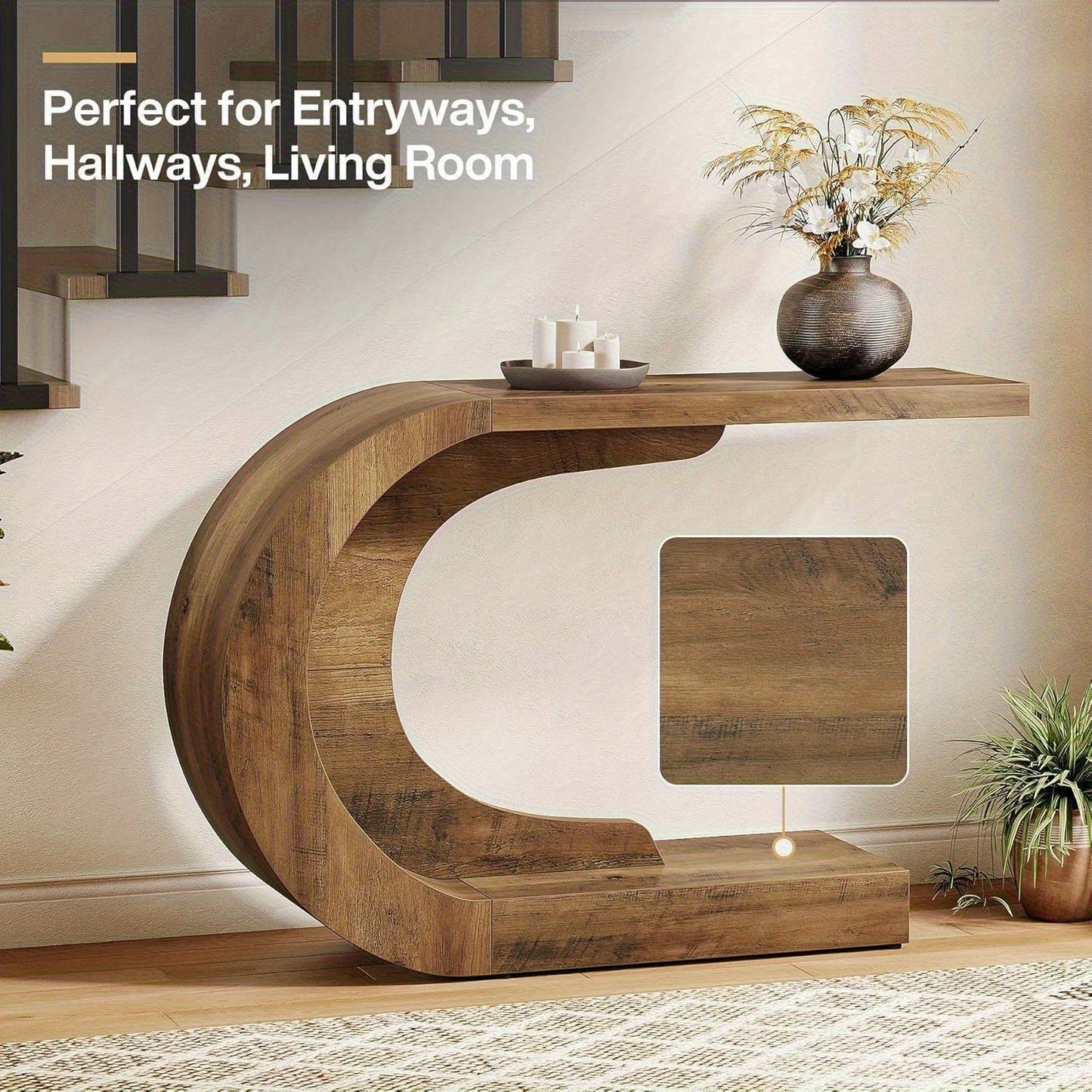Moderne Sidetable – Haltafel – Consol tafel – Wandtafel – Bijzettafel – Extra Lang 110 cm – Ruimtebesparend C-Vormig Onderstel – Stevige Houtstructuur Bruin