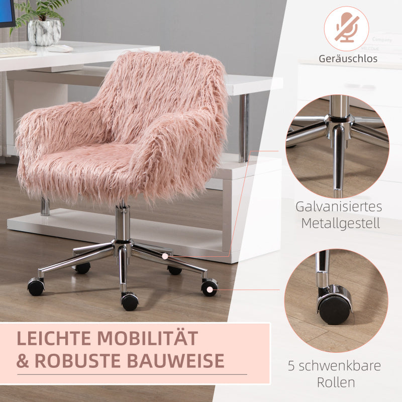 Bureaustoel – Bureaustoel met Armleuningen – Werkstoel – Kantoormeubilair – Roze Kunstvacht – Verstelbare Hoogte – Roestvrijstalen Frame – Zachte Pluche Bekleding