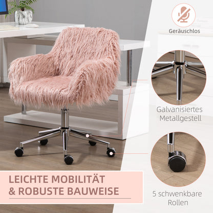 Bureaustoel – Bureaustoel met Armleuningen – Werkstoel – Kantoormeubilair – Roze Kunstvacht – Verstelbare Hoogte – Roestvrijstalen Frame – Zachte Pluche Bekleding
