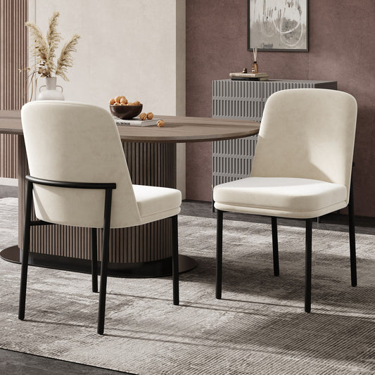 Eetkamerstoelen – Stoelen – Kuipstoelen – Set Van 2 – Zwarte Metalen Poten – Beige Katoen Zitkussen – Modern Minimalistisch Design