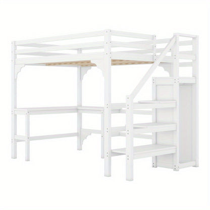 Hoogslaper – Halfhoogslaper – Stapelbed – Bedbank – Multifunctioneel Bed – 140x200 cm – Wit Metalen Frame – Met Bureau en Kledingrek – Ruimtebesparend Design