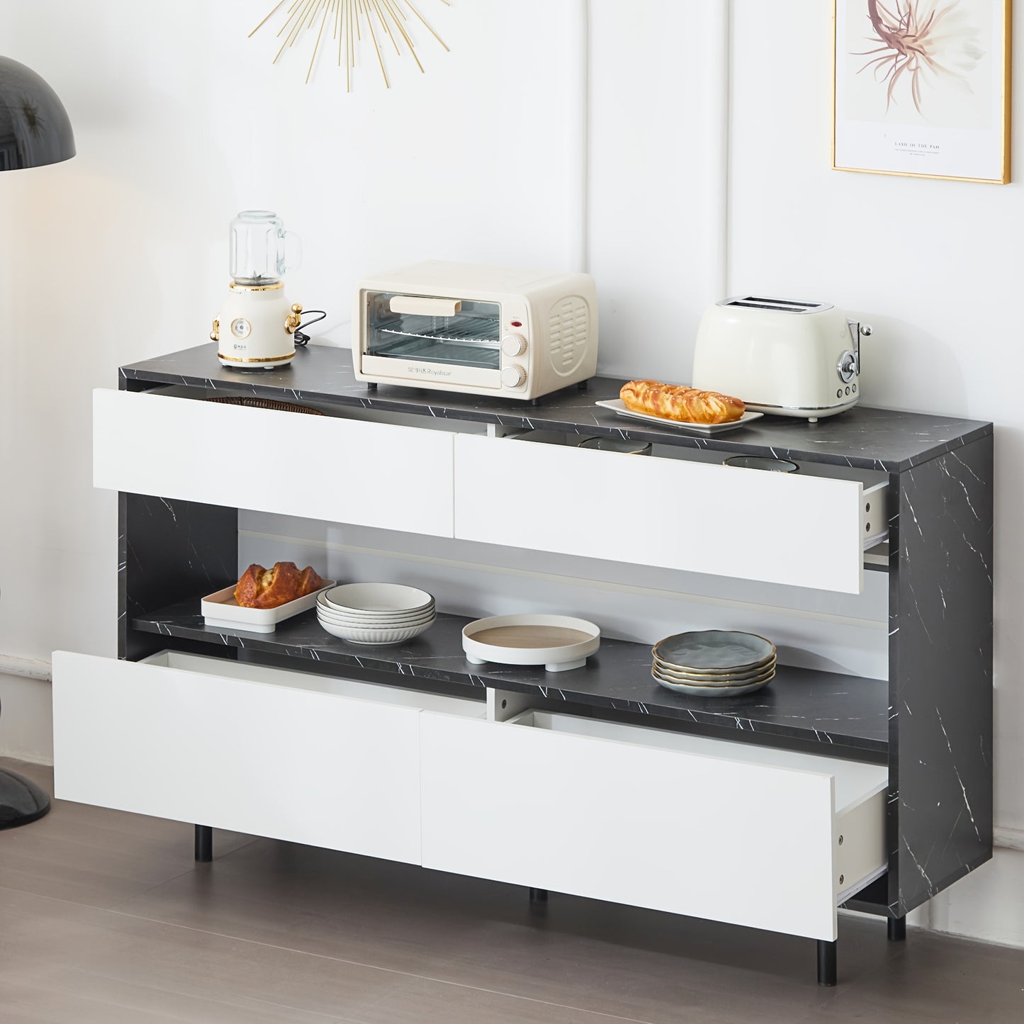 Dressoir – Sideboard – Opbergkast – Buffetkast – Kast – Wit Bamboo Met Zwart Marmerdesign – 150 cm Breed – 4 Lades & Ruime Opbergruimte