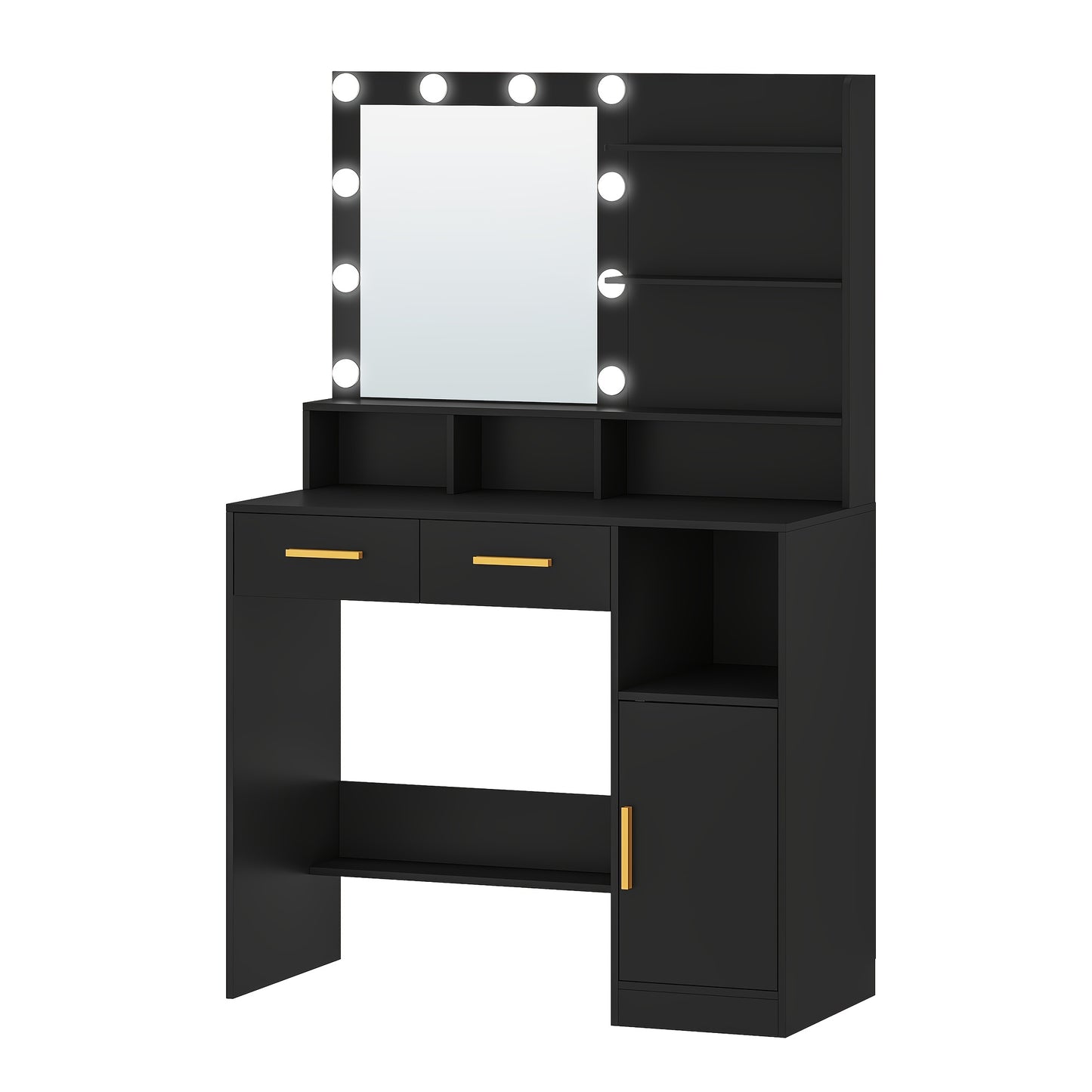 Make-up Tafel – Kaptafel – Schminktisch – Dressing Table – Vanity Table – Verstelbare LED Verlichting – 102x40x145 cm – Mat Zwart – 2 Lades en Kastje – 3 Planken en 4 Open Vakken