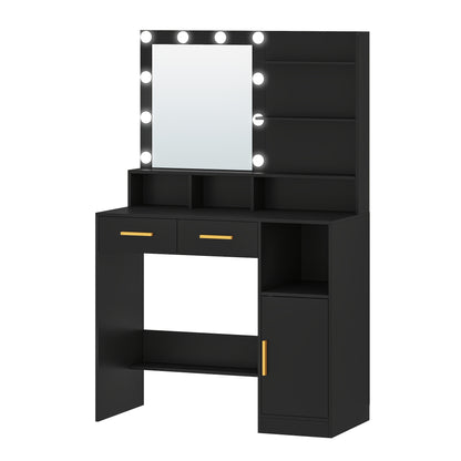 Make-up Tafel – Kaptafel – Schminktisch – Dressing Table – Vanity Table – Verstelbare LED Verlichting – 102x40x145 cm – Mat Zwart – 2 Lades en Kastje – 3 Planken en 4 Open Vakken