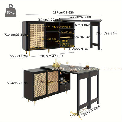 Elegant Black Extendable Bar Table with 360° Rotating Design, Rattan Door & Open Shelf Storage - Ideal for Kitchen & Dining Room, Contemporary Hardwood Construction, Kitchen Bar Table|Contemporary Bar Table|Glass Top Table,