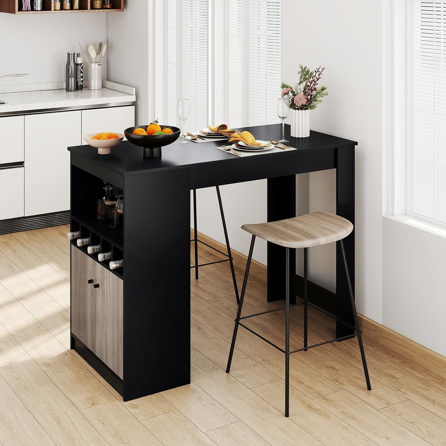 Bartafel – Bar Tafel – Statafel – Hoge Tafel – Keukentafel – Met Opbergruimte en Verstelbare Plank – 120x60x91,5 cm – Zwart Hoogwaardig Plaatmateriaal