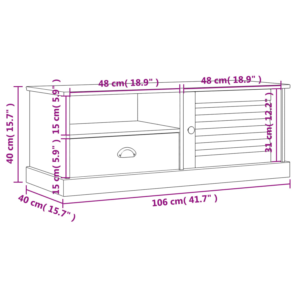 TV Meubel – TV Kast – TV Rek – TV Dressoir – TV Wandmeubel – Massief Dennenhout – Wit – Compact 106x40x40 cm – Praktische Opbergruimte
