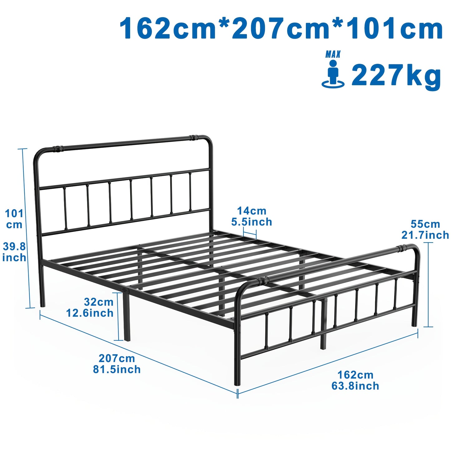 Bedframe – Metalen Bedframe – Tweepersoonsbed – Bedbodem – Slaapkamerbed – 160x200 cm – Stevig Metalen Frame – Inclusief Lattenbodem