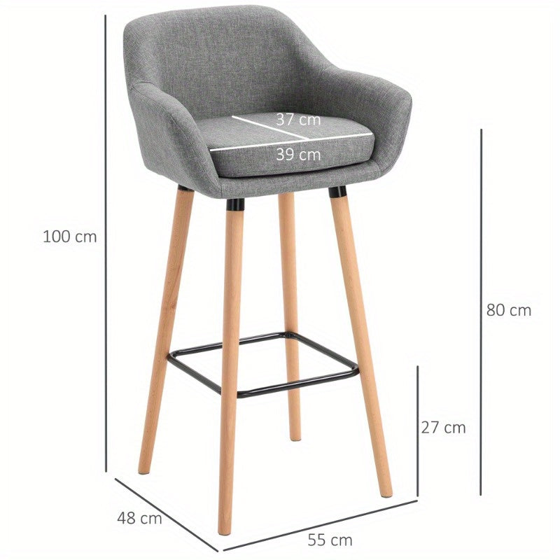 Barstoel Set – Barkruk – Hoge Kruk – Keukenstoel – Bistrostoel – Gecushioneerde Zitting – Met Voetensteun – Grijs Stoffen Bekleding – 55x48x100 cm