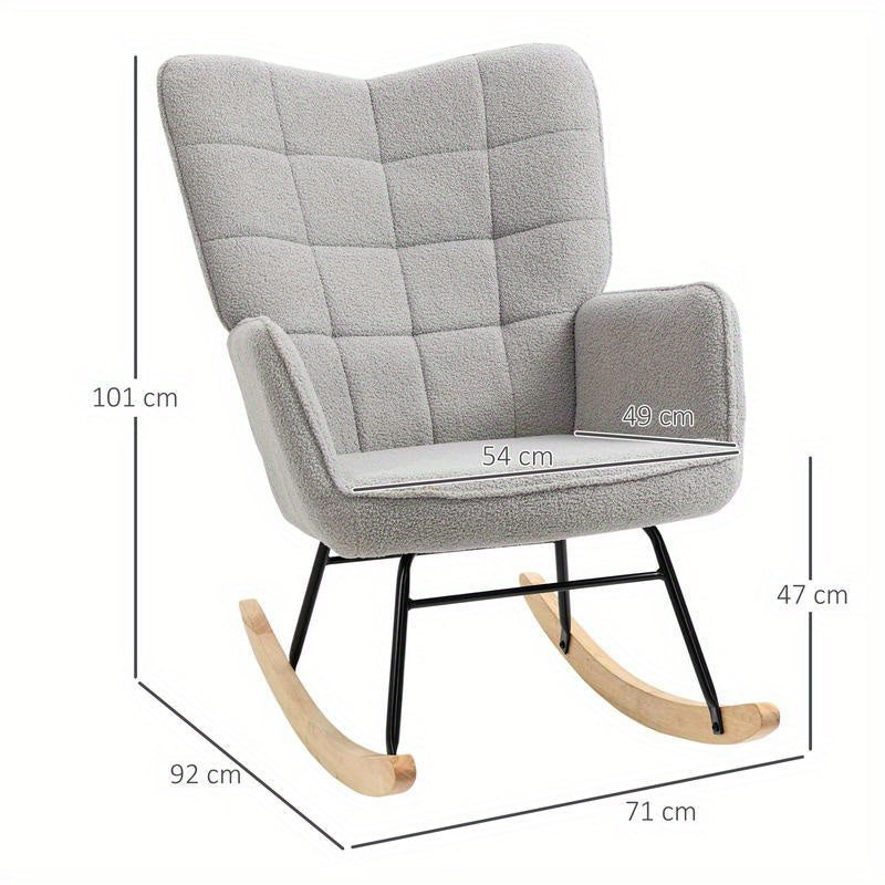 Schommelstoel – Schommelstoel Retro – Schommelstoel Hout – Loungestoel – Schommelstoel Ergonomisch – Stevig Massief Hout – Comfortabele Lichtgrijze Bekleding – Compact 71x92x101 cm