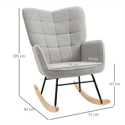 Schommelstoel – Schommelstoel Retro – Schommelstoel Hout – Loungestoel – Schommelstoel Ergonomisch – Stevig Massief Hout – Comfortabele Lichtgrijze Bekleding – Compact 71x92x101 cm