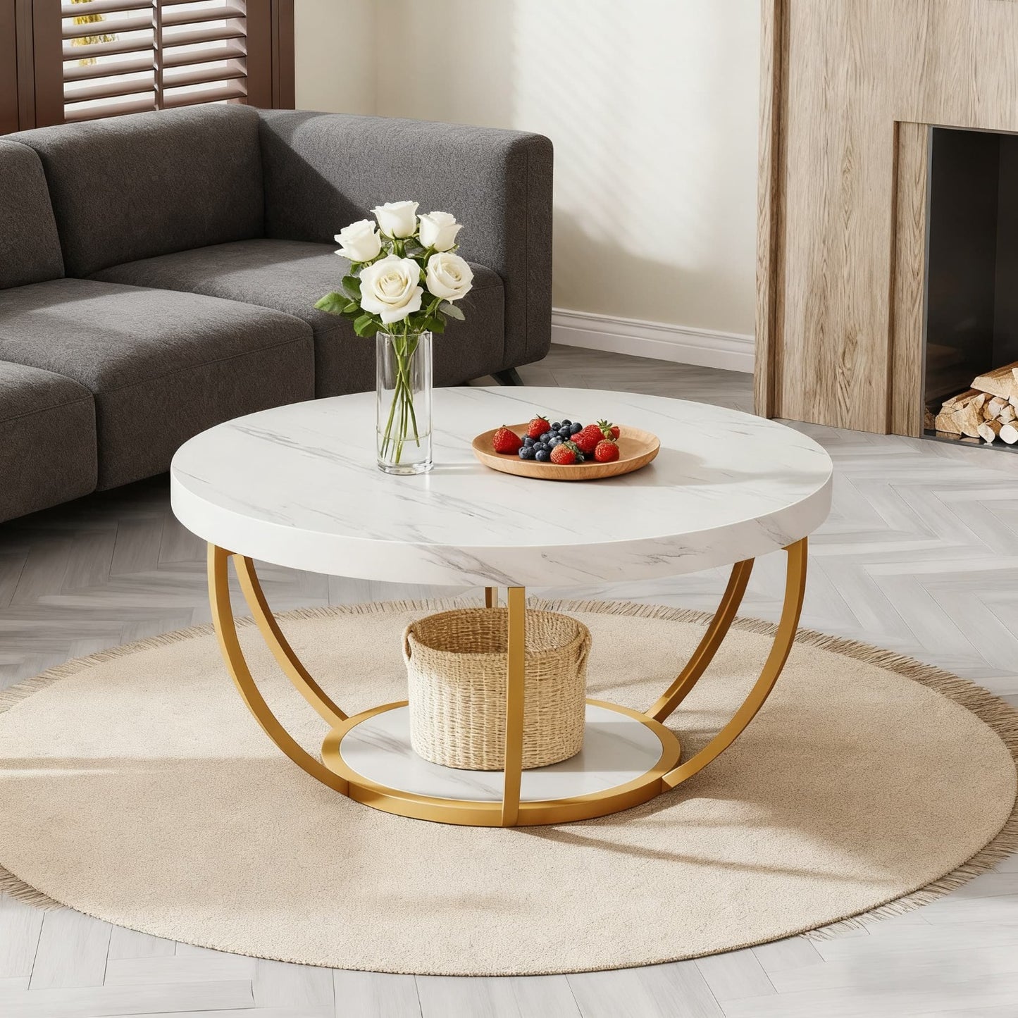 Ronde Salontafel – Cocktailtafel – Bijzettafel – Tafel – Woonkamertafel – Modern Design – Wit Marmerlook – Gouden Poten – 2-Laags Opbergruimte – Eenvoudige Montage