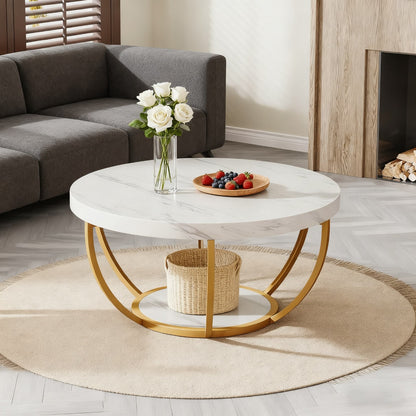 Ronde Salontafel – Cocktailtafel – Bijzettafel – Tafel – Woonkamertafel – Modern Design – Wit Marmerlook – Gouden Poten – 2-Laags Opbergruimte – Eenvoudige Montage