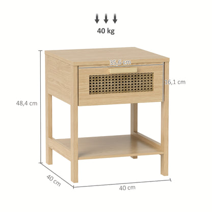 Nachtkastje – Bijzettafel – Bedtafeltje – Nachtkast – Houten Kastje – Houtkleur Met Rattan Design – 40x40x48,4 cm – Met Laden En Open Planken