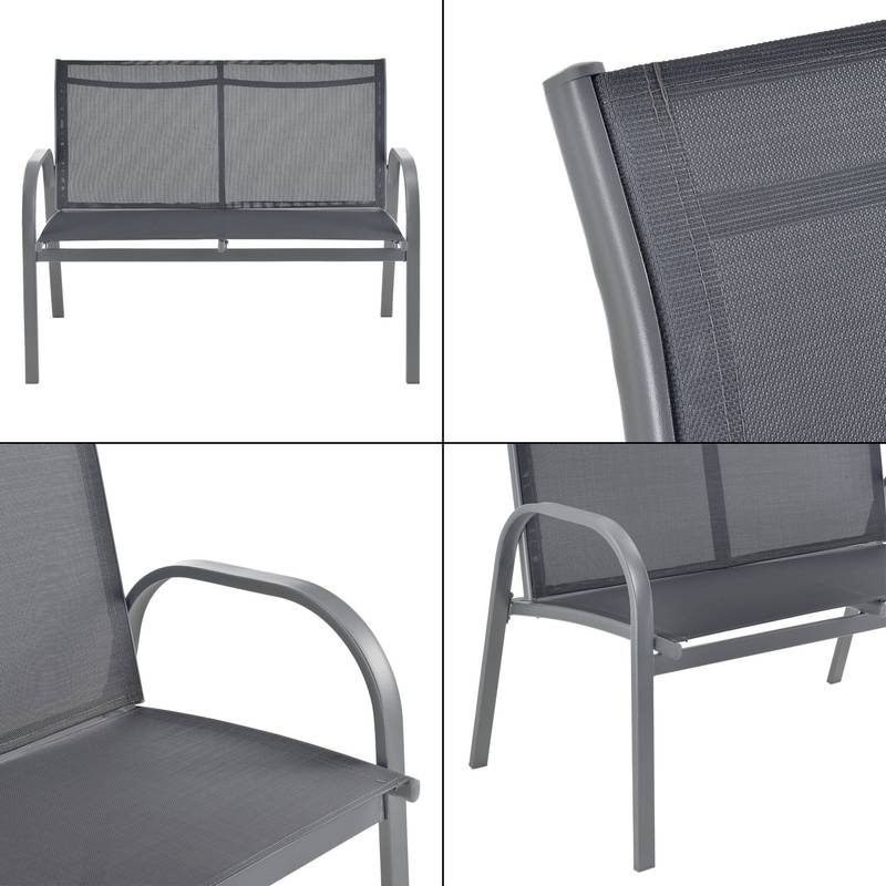 Tuinset – Tuinmeubelset – Bistroset – Loungeset – Balkonset – Stalen Frame – Glasplaat Tafel – Lichtgrijs – 2 Persoons Bank – 2 Stoelen