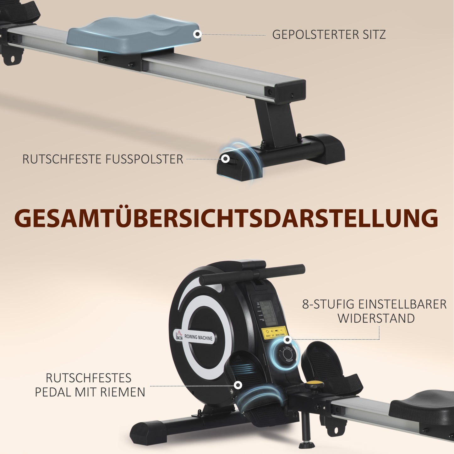 Roeitrainer – Roeimachine – Fitnessapparaat – Indoor Rower – Sportmachine – Zwart/Zilver – Klapbaar Design – 8 Weerstandsniveaus