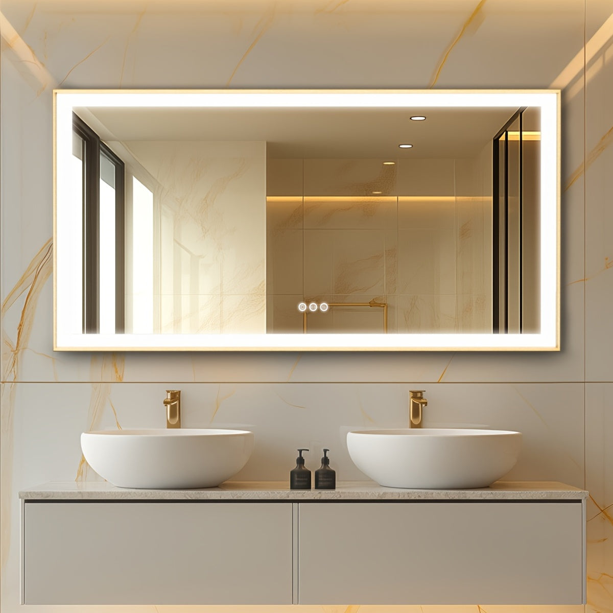 Badkamerspiegel – Spiegel – Wandspiegel – LED Spiegel – Ovale Spiegel – Gouden Aluminium Frame – Anti-Condens Met Groot Verwarmingskussen – Dimbare LED Verlichting 100x60 cm