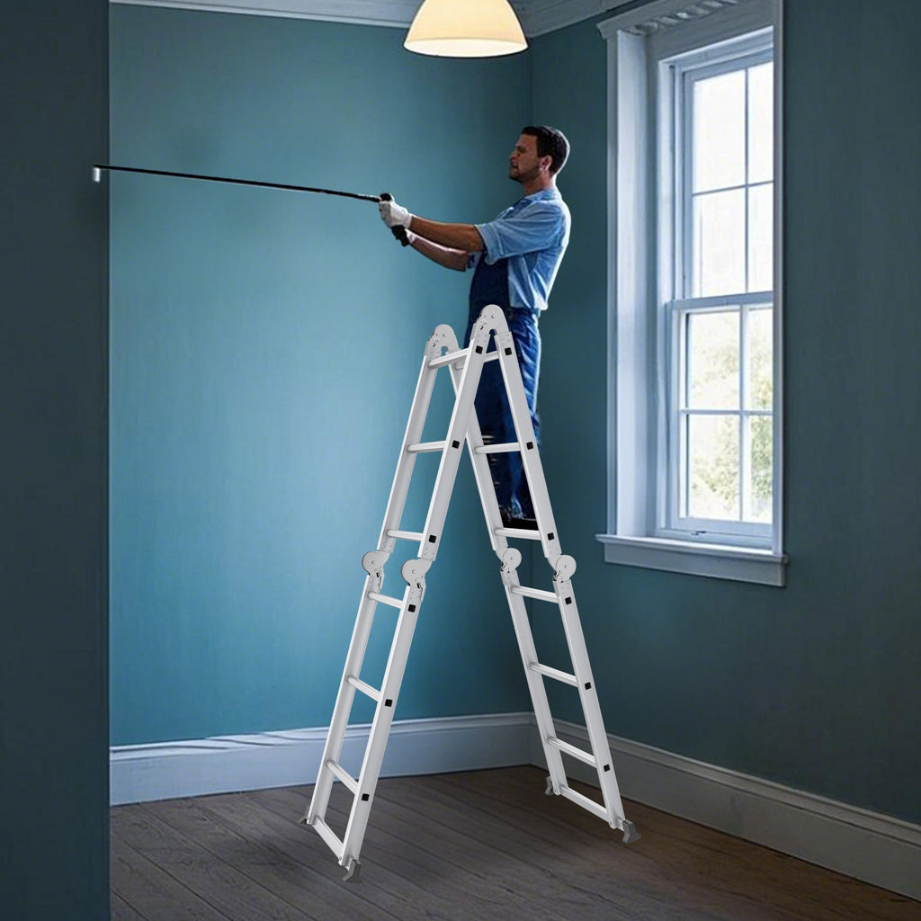Multipurpose Ladder, Household Ladder, Foldable, Step Ladder Work Platform, Load-Bearing 150kg, Aluminum Alloy Combination Ladder, Silvery, (4X3 Steps, 4X4 Steps, 4X5 Steps)