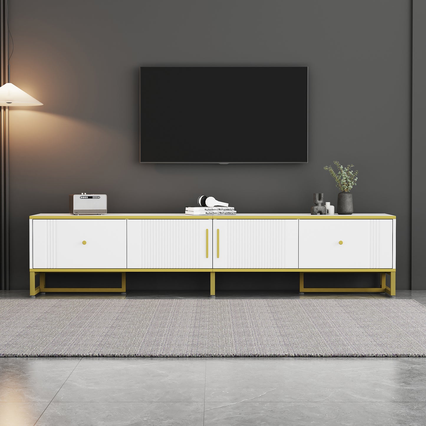 Tv Kast – TV Meubel – Lowboard – TV Dressoir – Media Meubel – Elegant Wit Met Gouden Rand – 180x40x40 cm – Voor Televisies Tot 80 Inch