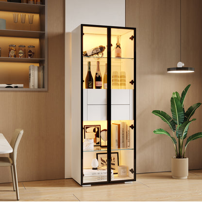 Modern Tall White Display & Storage Cabinet with 2 Glass Shelves & 2 Drawers - Sofa/Buffet/Living Room Cabinet, Space-Saving Furniture for Small Apartments, Durable Metal Frame, Contemporary Design