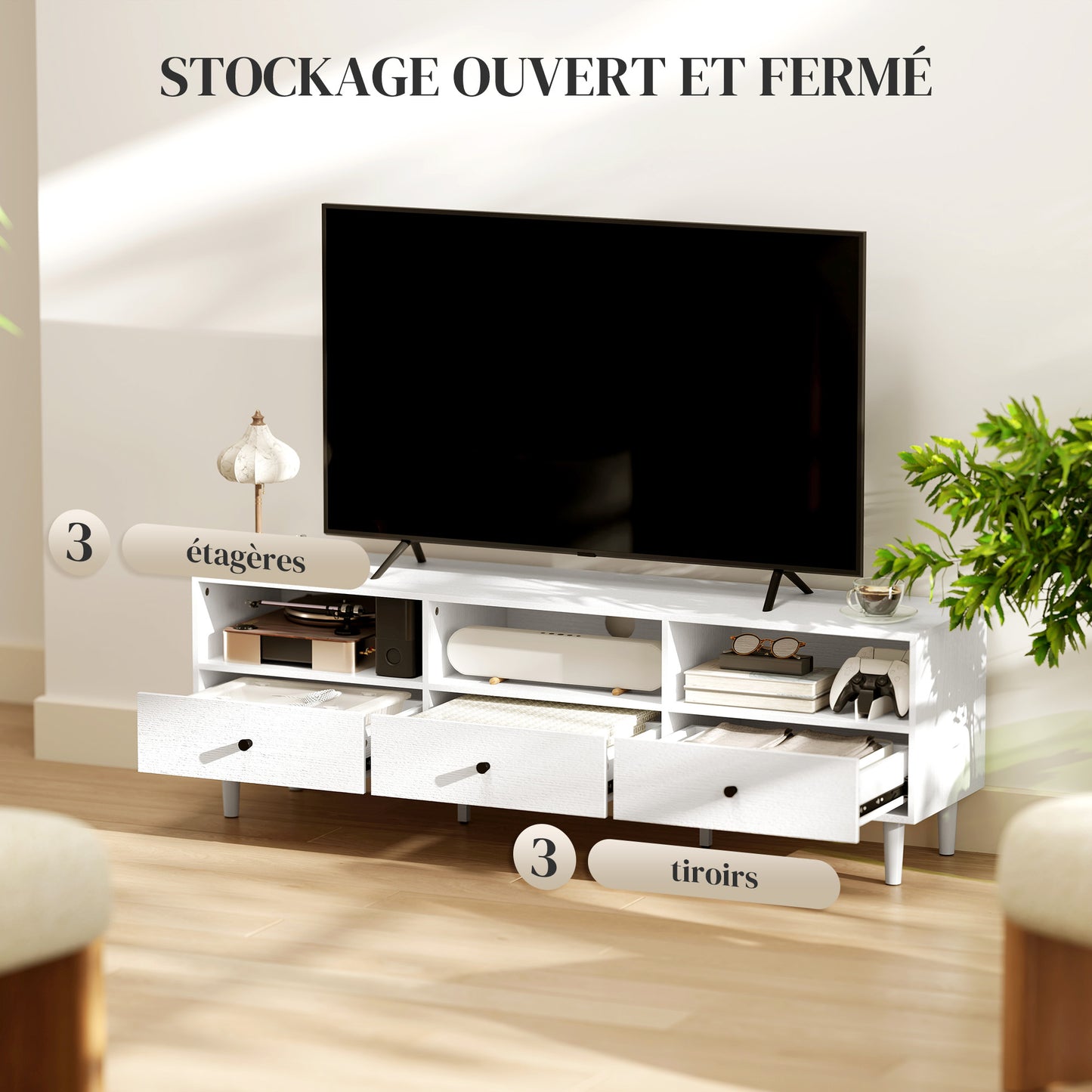 Tv-meubel – TV-kast – Televisiekast – TV-dressoir – Media-meubel – Voor televisies tot 75 inch – Met 3 lades en 3 open planken – Kabelmanagement – Wit spaanplaat