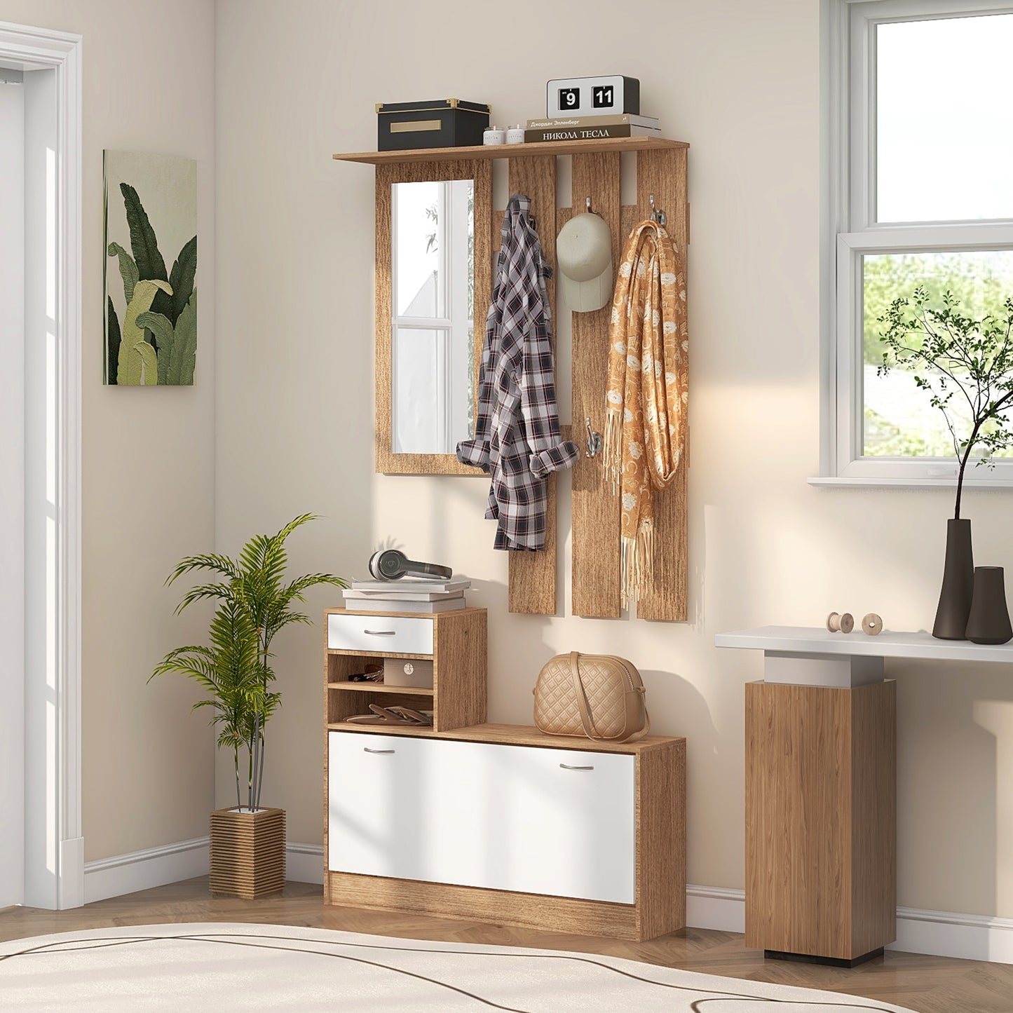 Halmeubel 3-in-1 – Kapstok – Schoenenkast – Spiegel – Opbergmeubel – Walnoot en Wit – 6 Haken – Verstelbare Plank