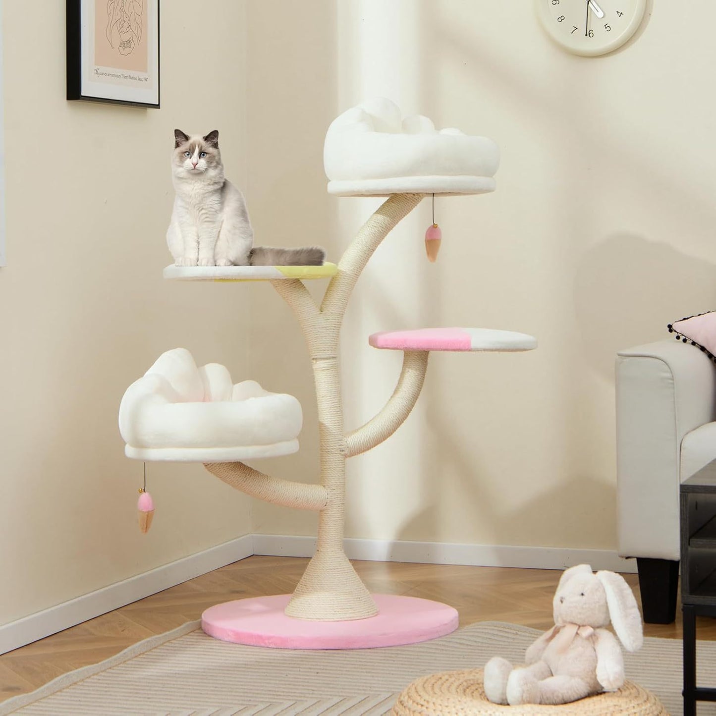 Krabpaal – Kattenboom – Kattenhuis – Kattenmeubel – Kattentoren – 4 Niveaus Met Speelballen – Afneembare Wasbare Ligplaatsen – Roze/Wit – Compact & Stevig