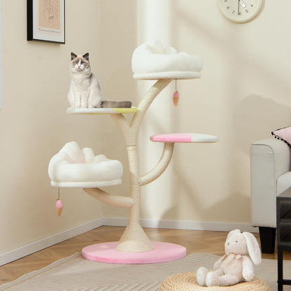 Krabpaal – Kattenboom – Kattenhuis – Kattenmeubel – Kattentoren – 4 Niveaus Met Speelballen – Afneembare Wasbare Ligplaatsen – Roze/Wit – Compact & Stevig
