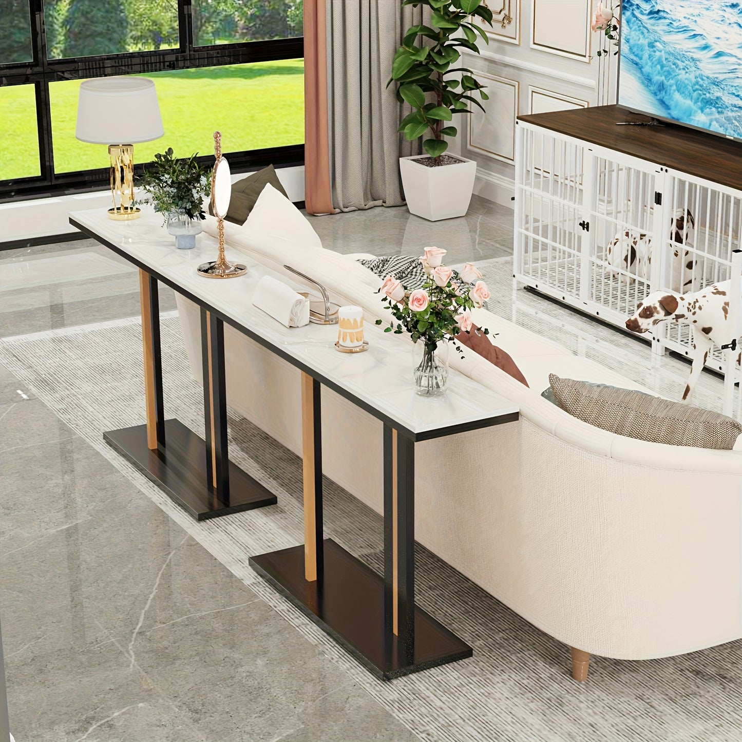 Sidetable – Haltafel – Console Table – Wandtafel – Bijzettafel – Smal Hoog Design – Witte Gesinterde Steen Marmerlook – Zwart Goud Metaal – 118x30x78 cm – Max 30 kg Draagvermogen