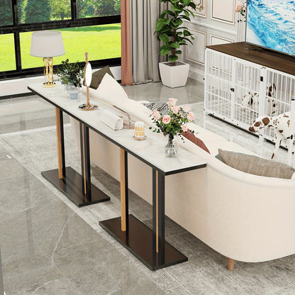 Sidetable – Haltafel – Console Table – Wandtafel – Bijzettafel – Smal Hoog Design – Witte Gesinterde Steen Marmerlook – Zwart Goud Metaal – 118x30x78 cm – Max 30 kg Draagvermogen