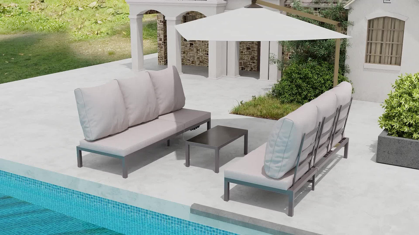 Loungeset – Tuinmeubelset – Ligbedden – Buitenmeubel – Zonnebed – Aluminium Frame – Verstelbare Rugleuning 5 Posities – Gehard Glas Koffietafel – Grijs