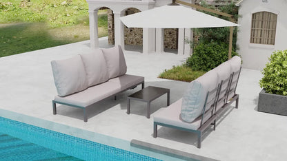 Loungeset – Tuinmeubelset – Ligbedden – Buitenmeubel – Zonnebed – Aluminium Frame – Verstelbare Rugleuning 5 Posities – Gehard Glas Koffietafel – Grijs