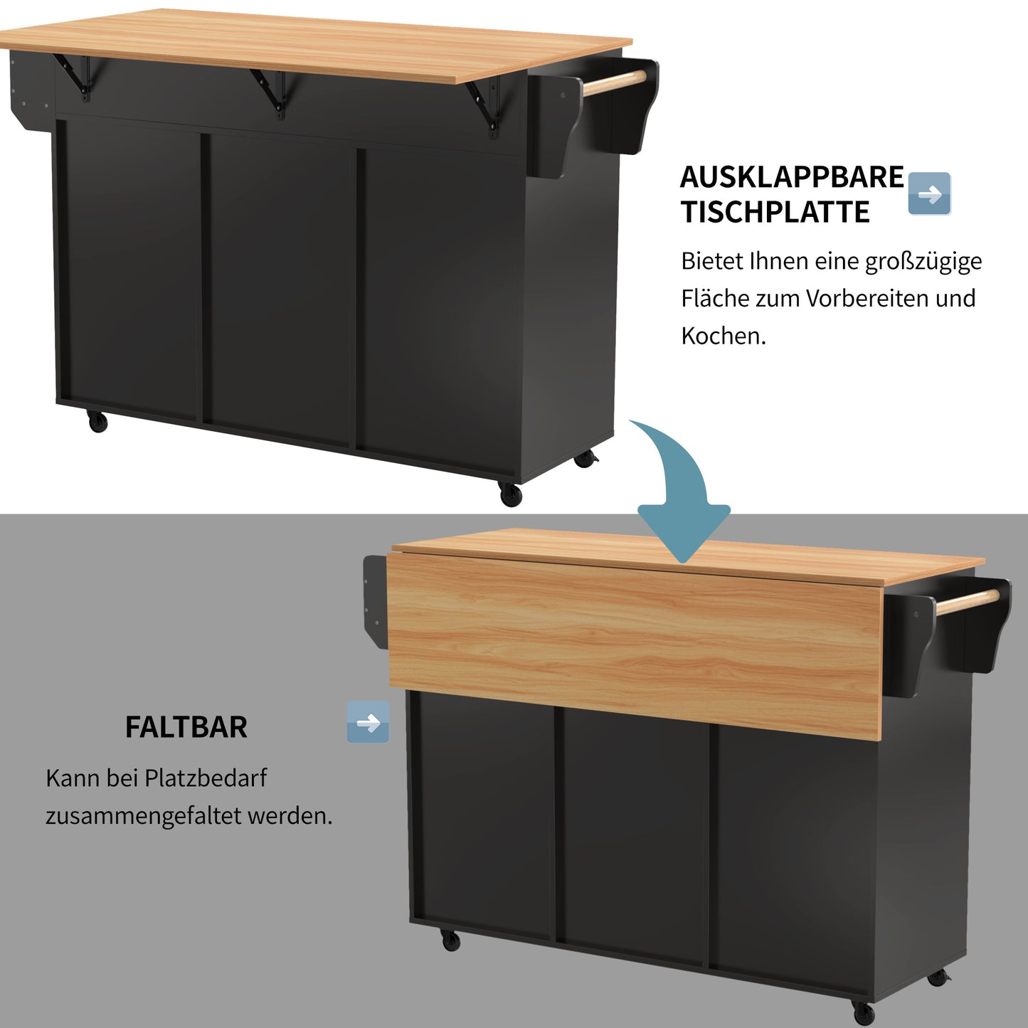 Keukenwagen – Keukentrolley – Servierwagen – Keukenkar – Rolkast – Uitklapbaar Werkblad – Houtlook Blad – 139x46(71)x91,5 cm – Met Laden en Verstelbare Planken – Mobiel en Vast Plaatsbaar – Zwart Met Houten Poten