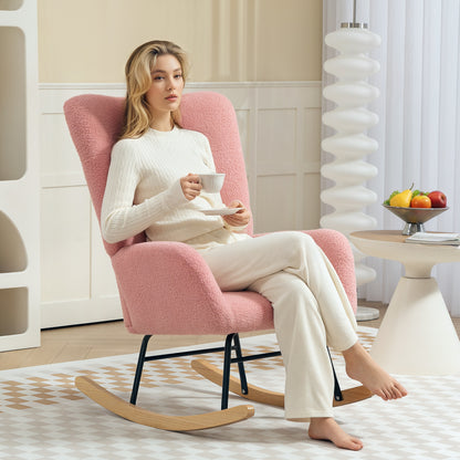 Schommelstoel – Relaxstoel – Fauteuil – Schommelstoelen – Loungestoel – Teddy Velvet – Met Armleuningen – Houten Poten – 90°-115° Schommelbeweging – Brede Comfortabele Zitting – Roze