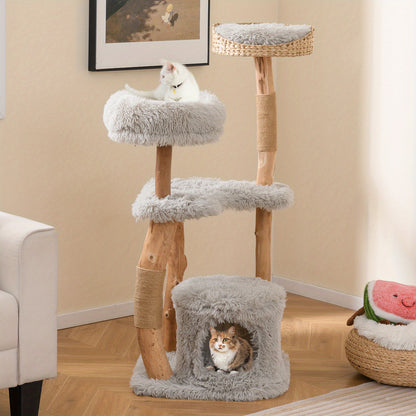 Krabpaal – Kattenboom – Kattenhuis – Kattentoren – Krabmeubel – Hout – 124 cm Hoog – Stevig Massief Houten Frame met Jute Krabpalen