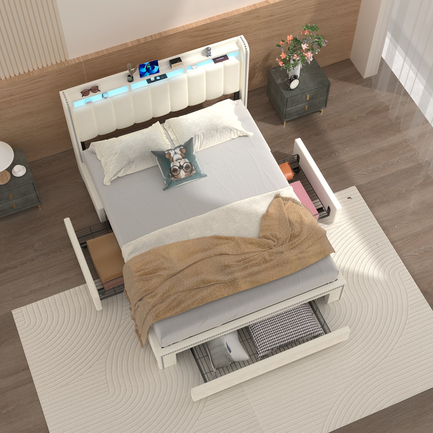 Bedframe – Bed – Bedframe Met Opbergruimte – Bed Met Laden – Gestoffeerd Bed – Modern Bedframe 160x200 cm – Met 3 Laden & Hoofdbord Opbergruimte – USB LED Verlichting Met Oplaadstation