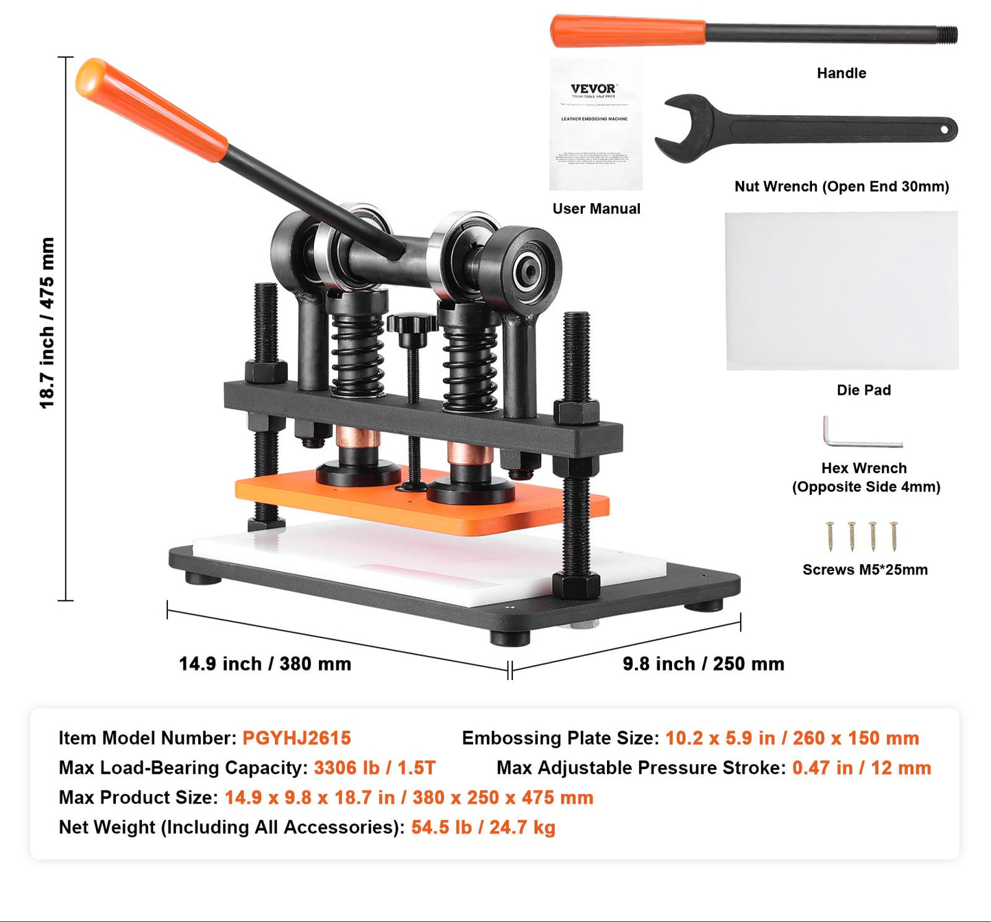 Lederpons – Lederen Snijmachine – Embossing Machine – Handmatige Stansmachine – Lederen Pers – Zwarte Oxide Coating – 1,5 Ton Draagkracht – Instelbare Drukslag 12 mm