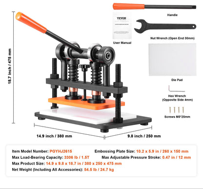 Lederpons – Lederen Snijmachine – Embossing Machine – Handmatige Stansmachine – Lederen Pers – Zwarte Oxide Coating – 1,5 Ton Draagkracht – Instelbare Drukslag 12 mm