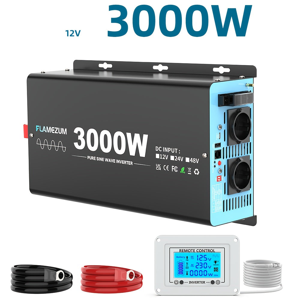 3000W Continuous Power Pure Sine Wave Inverter Peak Power 6000W DC 12V To AC 230V 50HZ EU Socket LCD Car Voltmeter Converter For RV Off Grid Truck Air Conditioner With 2 AC Outlets And Remote Control, Without Battery