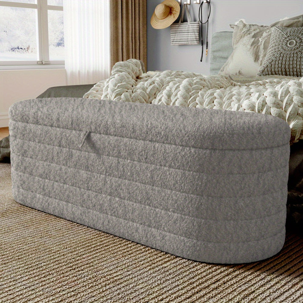 Poef Met Opbergruimte – Opbergpoef – Voetenbank – Hocker – Zitkist – Groot 120x40 cm – Zachte Teddy Fleece Bekleding – Grijs