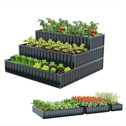 3-Lagen verhoogde plantenbak – verhoogde tuinbak – plantenbak metaal – metalen plantenbak – buiten plantenbak – zwaar metaal – open bodem design – 118 x 118 x 61 cm – zwart