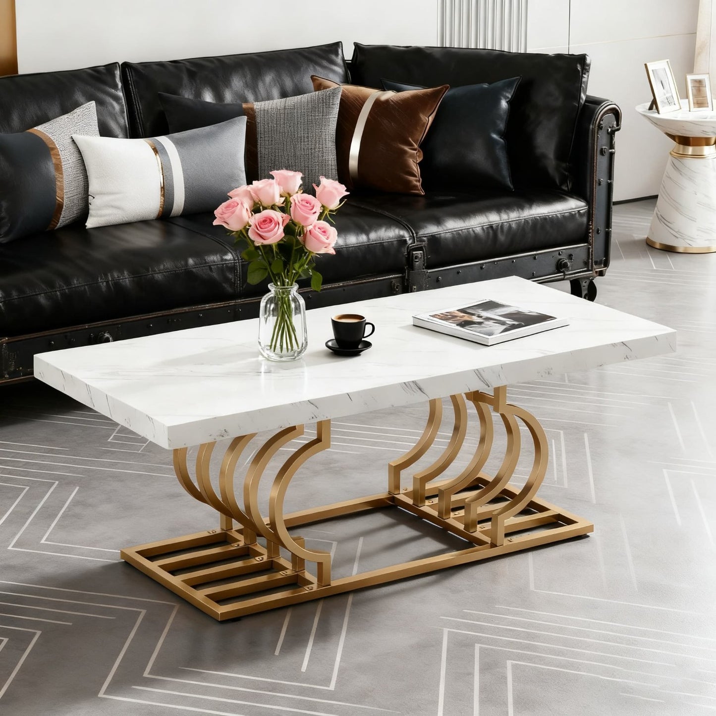 Salontafel – Koffietafel – Woonkamertafel – Tafel – Bijzettafel – Wit Marmerlook – Gouden Metalen Frame – 120x50 cm – Krasbestendig MDF & Antislip Voetjes