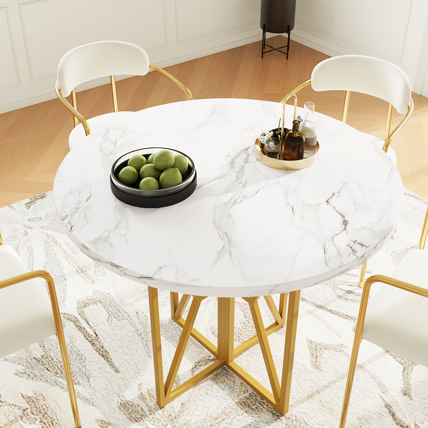 Ronde Eettafel – Ronde Tafel – Eetkamertafel – Keukentafel – Tafel Rond – Marmerlook MDF Blad – Gouden Metalen Poot – 80x80x76 cm – Voor 4-6 Personen