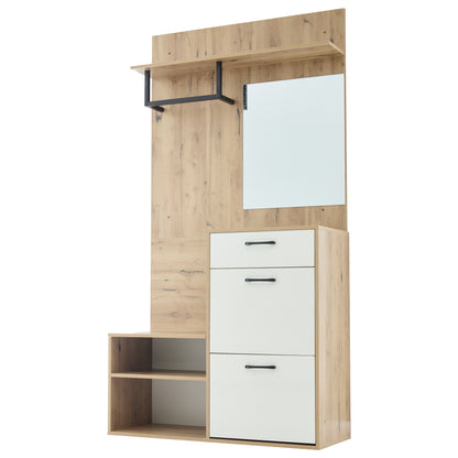 Halmeubel – Kapstok – Schoenenkast – Zitbank – Spiegel – Wit Met Houtlook – Compact Ontwerp 100x38,5x190 cm – Multifunctioneel Met Lade En Opslagruimte