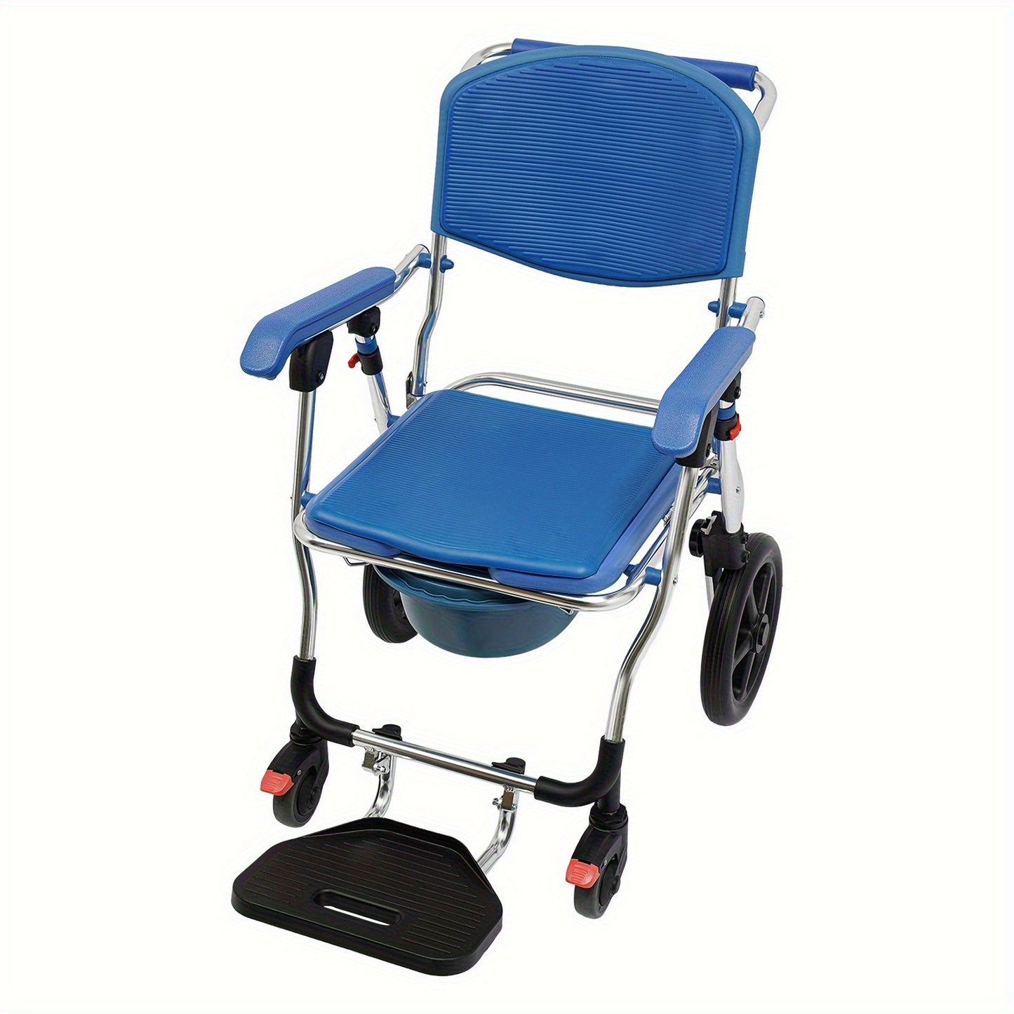 Vouwbare Douchebrancard – Toiletstoel – Rollstoel – Doucherolstoel – Commode Rolstoel – Met Armleuningen en Rugleuning – Sterk Aluminium – Inklapbaar Blauw