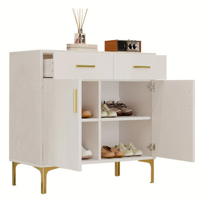 Dressoir – Opbergkast – Ladekast – Buffetkast – Kast – Wit – Met 2 Deuren En 2 Laden – Metaal Handgrepen En Poten – 80x35x79,5 cm – Massief Hout