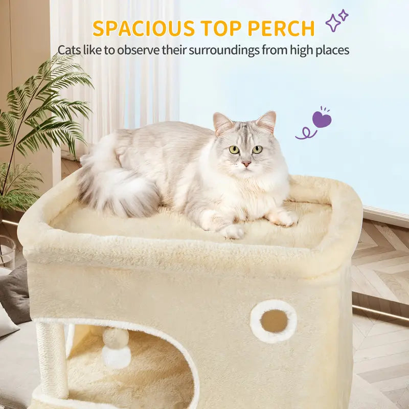 Kattenboom – Krabpaal – Klimpaal – Kattenhuis – Speelparadijs – Lichtgrijs – 203 cm Hoog – 7 Sisal Krabpalen & 2 Ruime Holletjes