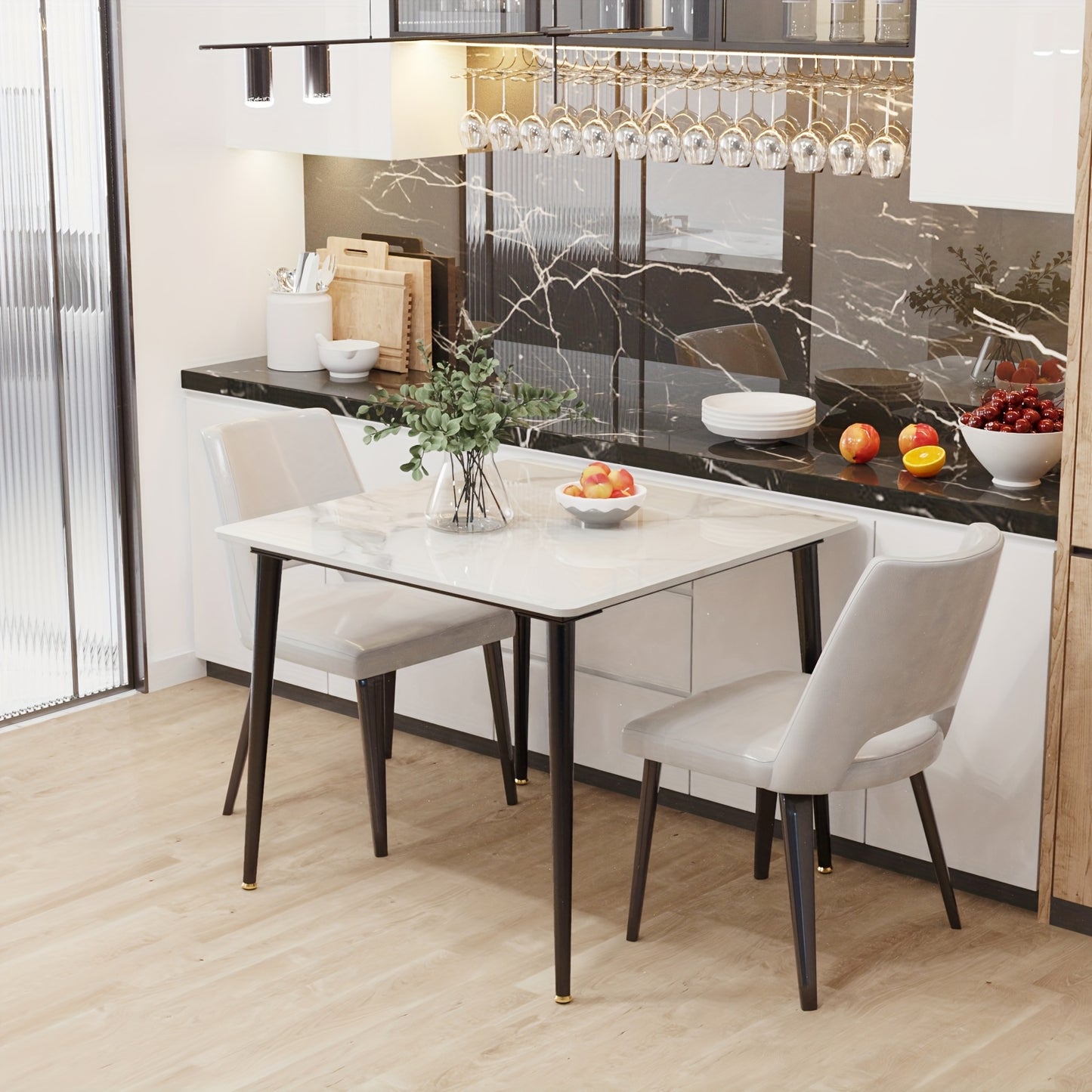Compacte Eettafel – Kleine Keukentafel – Marmeren Tafel – Eettafel 2 Personen – Woonkamertafel – Zwart Metalen Poten – Krasbestendig Marmerblad – 80x80 cm