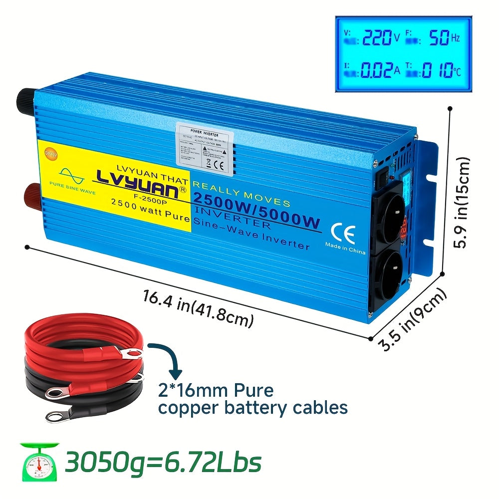 Omvormer – Spanningomzetter – Inverter – Stroomomzetter – 12V Naar 230V – 2500W Pure Sinusgolf – Aluminium Behuizing Met LCD Display