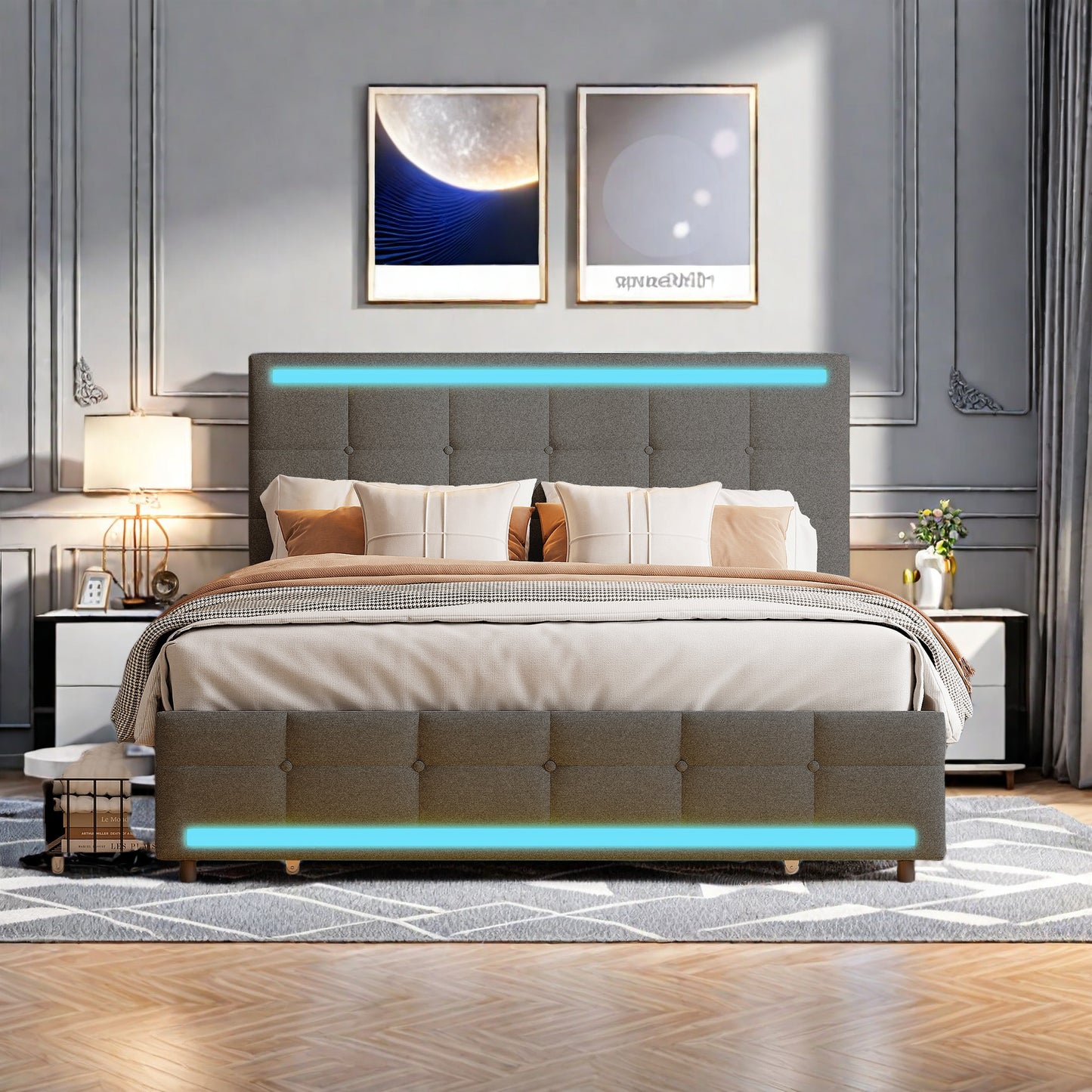 Tweepersoonsbed 140x200 – Gestoffeerd Bed – Led-Bed – Opbergbed – Bed Met Lattenbodem – Linnenstof – 2 Usb-Laadpoorten – 4 Ruime Lades